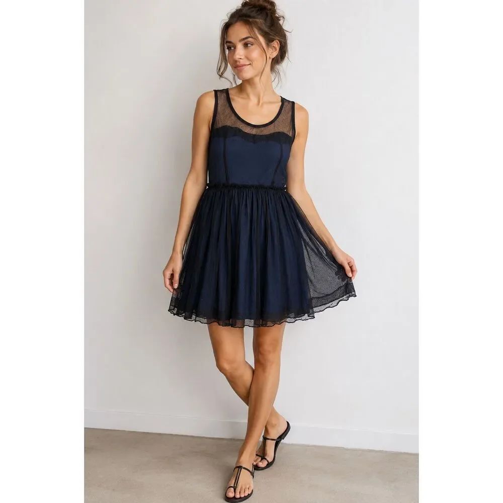 Fishbone Navy Black Mesh Dot Sleeveless Fit Flare Mini Dress Womens M